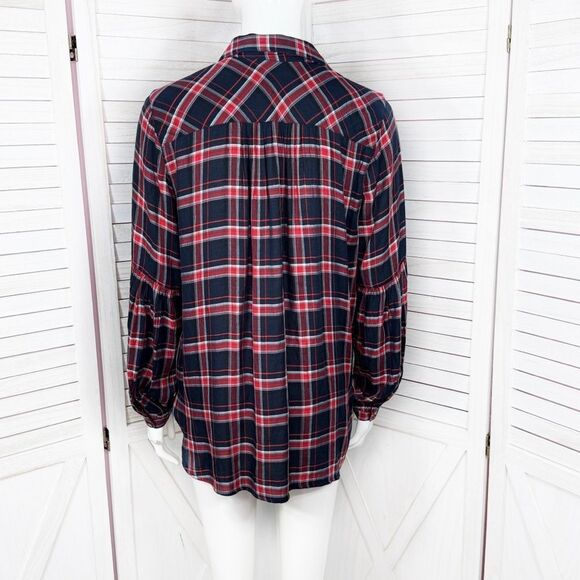 Loft Plaid Lightweight Bishop Sleeve Button Up Tunic Shirt Blue Red Small - Picture 4 of 14